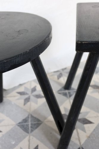 Paire de tabourets vintage bois peint noir - Assise demi-lune