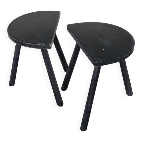 Paire de tabourets vintage bois peint noir - Assise demi-lune
