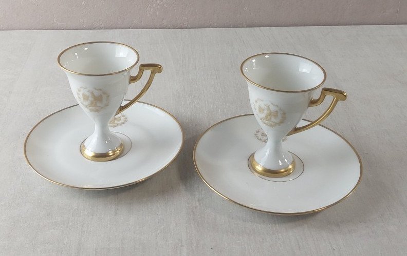 Paire de tasses + sous tasses, en porcelaine, empire Napoléon, Limoges