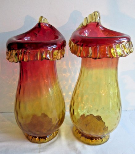 PAIRE DE VASES ART NOUVEAU VERRE ROUGE ET AMBRE, AMBERINA