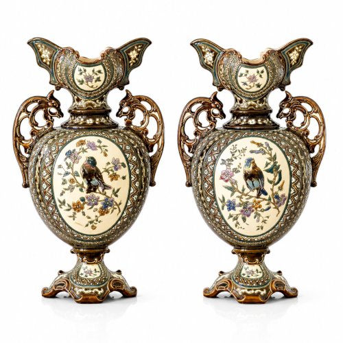 Paire de vases balustres en majolique de 1885 signés Gerbing & Stephan