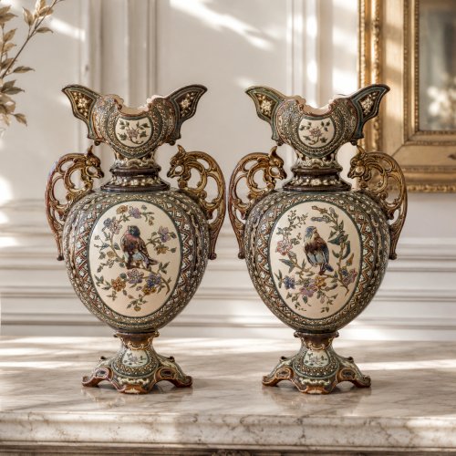 Paire de vases balustres en majolique de 1885 signés Gerbing & Stephan