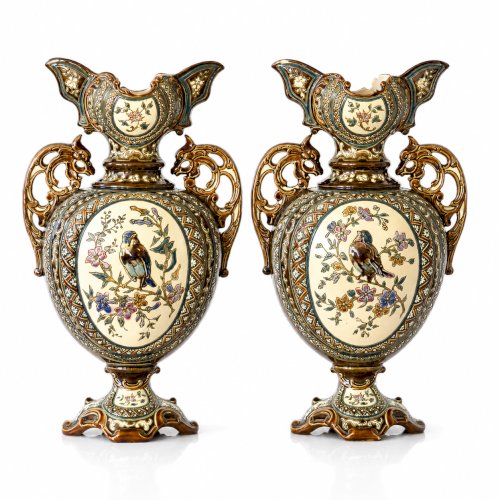 Paire de vases balustres en majolique de 1885 signés Gerbing & Stephan