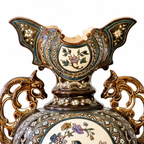 Paire de vases balustres en majolique de 1885 signés Gerbing & Stephan