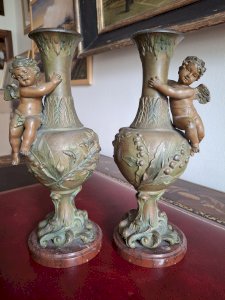 Paire de vases en régule Art nouveau 1900 angelots à double patine