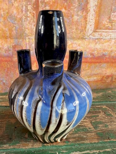 Paire de vases soliflores vintage marbrés bleu et marron – céramique 1950s