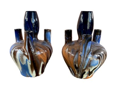 Paire de vases vintage – Céramique marbrée bleue – Artisanat XXe siècle