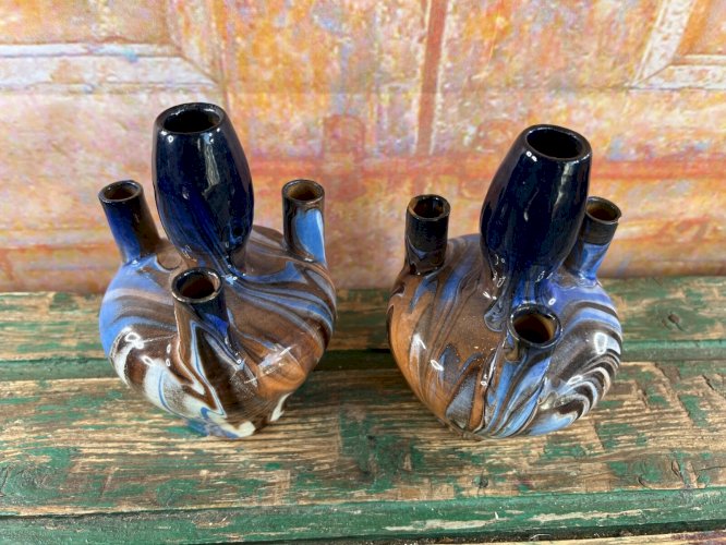 Paire de vases vintage – Céramique marbrée bleue – Artisanat XXe siècle