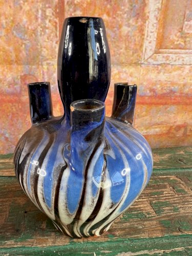Paire de vases vintage – Céramique marbrée bleue – Artisanat XXe siècle