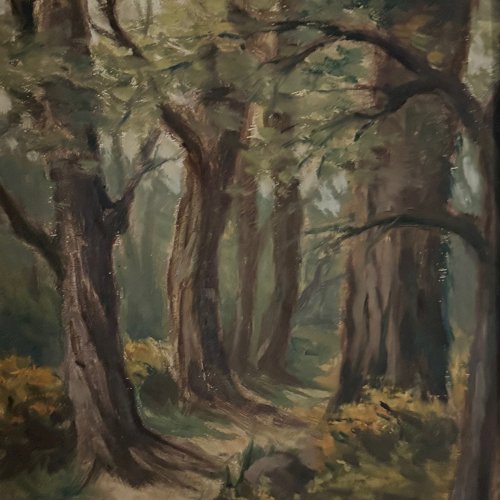 Paire d'huiles sur panneau sous-bois Haute-Marne par Jean Bernard XXe A5715