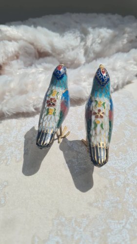 Paire doiseaux cloisonnés vintage -oiseaux émaillés