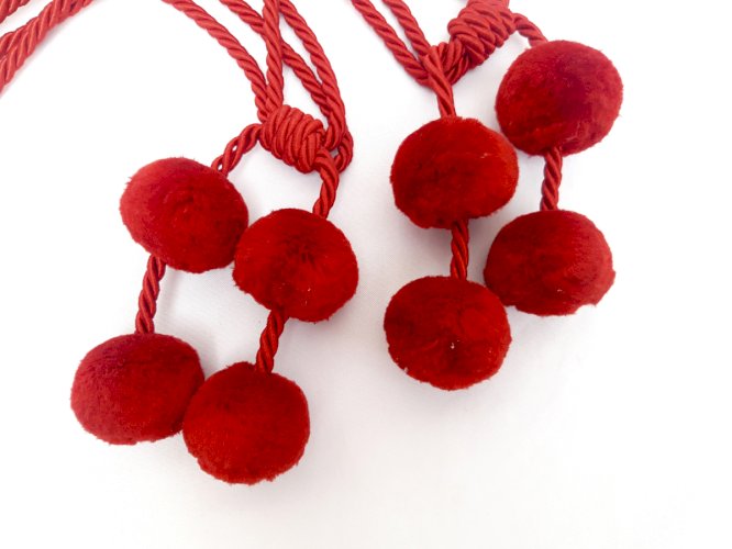Paire embrases rideaux vintage pompons rouges