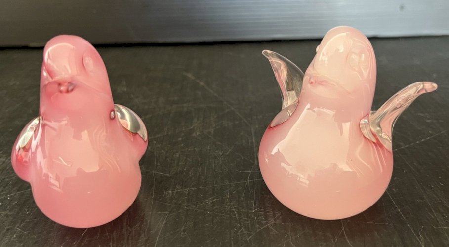 paire oiseaux en verre rose  transparent dlg de Seguso  murano vintage verrerie