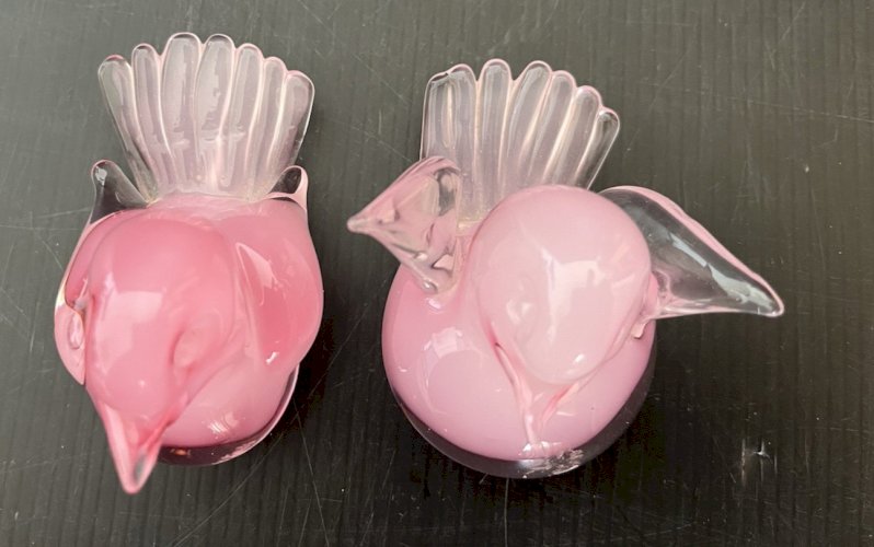 paire oiseaux en verre rose  transparent dlg de Seguso  murano vintage verrerie