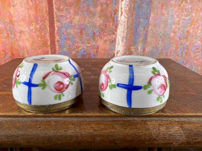 Paire Salerons Limoges Art Déco 1920 Porcelaine Peinte Dorure Vintage