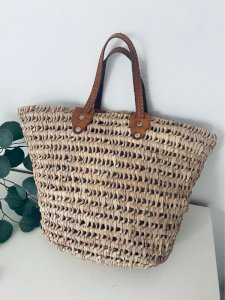 Panier Cabas en Paille Tressée Anses Cuir Style Bohème Chic