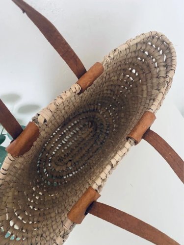 Panier Cabas en Paille Tressée Anses Cuir Style Bohème Chic