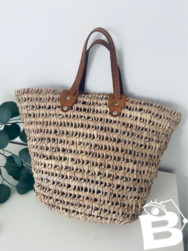 Panier Cabas en Paille Tressée Anses Cuir Style Bohème Chic