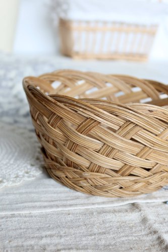 Panier rond vintage en osier naturel – Tressage croisé rustique
