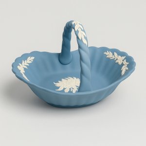 Panier Wedgwood Jasperware bleu – Bas-reliefs blancs – Porcelaine anglaise