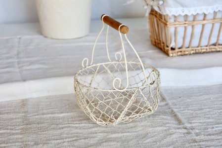 Vintage ivory metal egg basket with handles