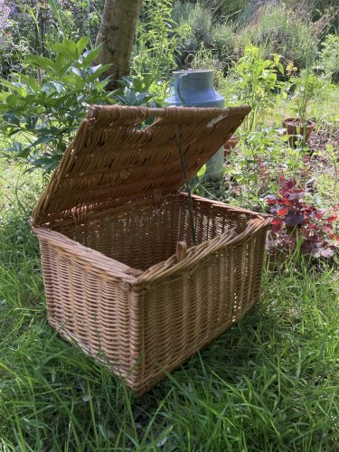 Panière ancienne en osier avec fermeture et poignée