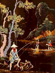Panneau bois laqué Minh-Thanh Vietnam scène fluviale aux pêcheurs bord rivière