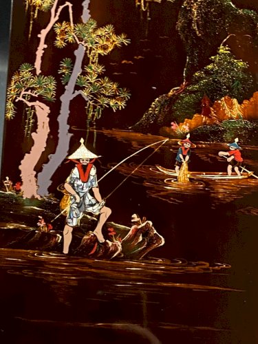 Panneau bois laqué Minh-Thanh Vietnam scène fluviale aux pêcheurs bord rivière