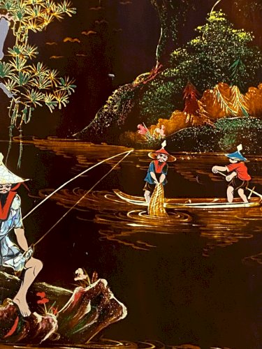 Panneau bois laqué Minh-Thanh Vietnam scène fluviale aux pêcheurs bord rivière