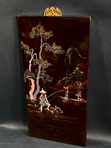 Panneau bois laqué Minh-Thanh Vietnam scène fluviale aux pêcheurs bord rivière