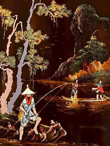 Panneau bois laqué Minh-Thanh Vietnam scène fluviale aux pêcheurs bord rivière