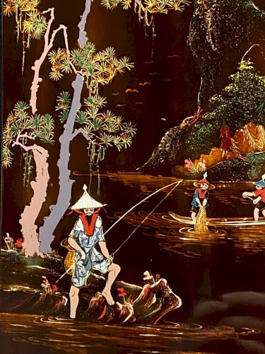 Panneau bois laqué Minh-Thanh Vietnam scène fluviale aux pêcheurs bord rivière