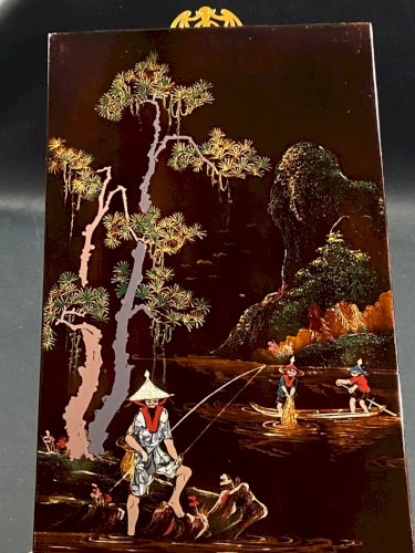 Panneau bois laqué Minh-Thanh Vietnam scène fluviale aux pêcheurs bord rivière
