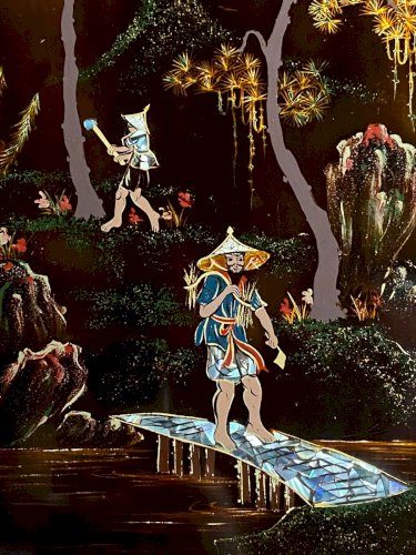 Panneau de bois laqué Minh-Thanh Vietnam scène rurale au porteur sur le pont