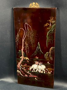 Panneau de bois laqué signé Minh-Thanh Vietnam scène rurale aux buffles d'eau