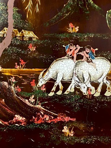 Panneau de bois laqué signé Minh-Thanh Vietnam scène rurale aux buffles d'eau