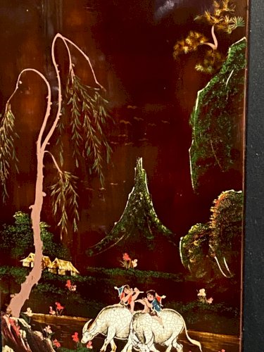 Panneau de bois laqué signé Minh-Thanh Vietnam scène rurale aux buffles d'eau