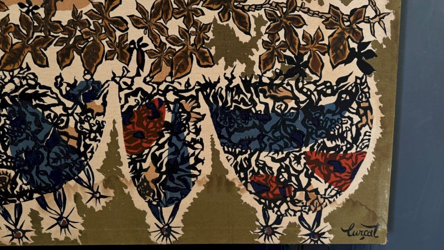 Panneau de tapisserie sur coton par Lurçat 1960 décor d'aquarium L9248