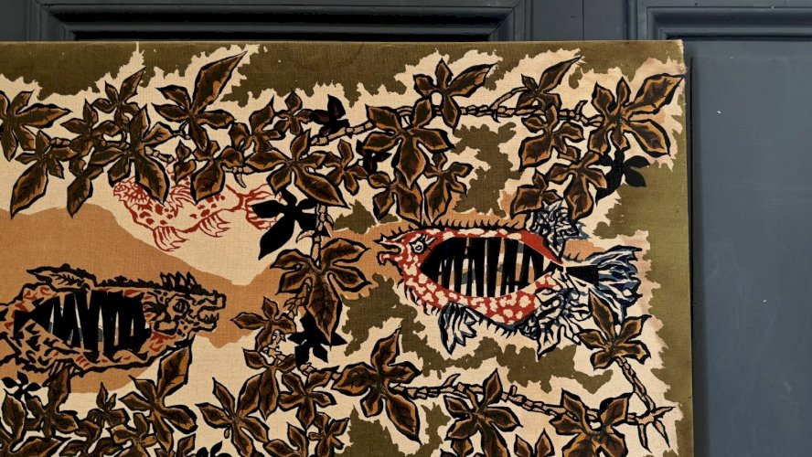 Panneau de tapisserie sur coton par Lurçat 1960 décor d'aquarium L9248
