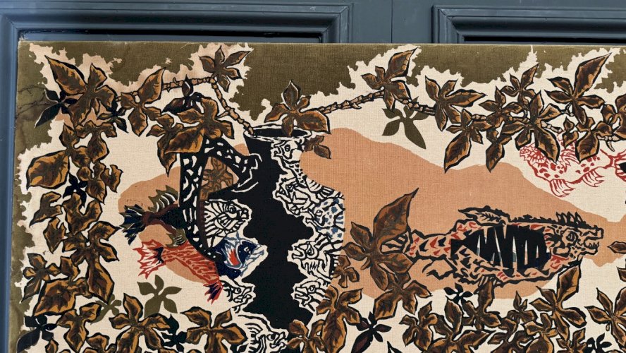 Panneau de tapisserie sur coton par Lurçat 1960 décor d'aquarium L9248
