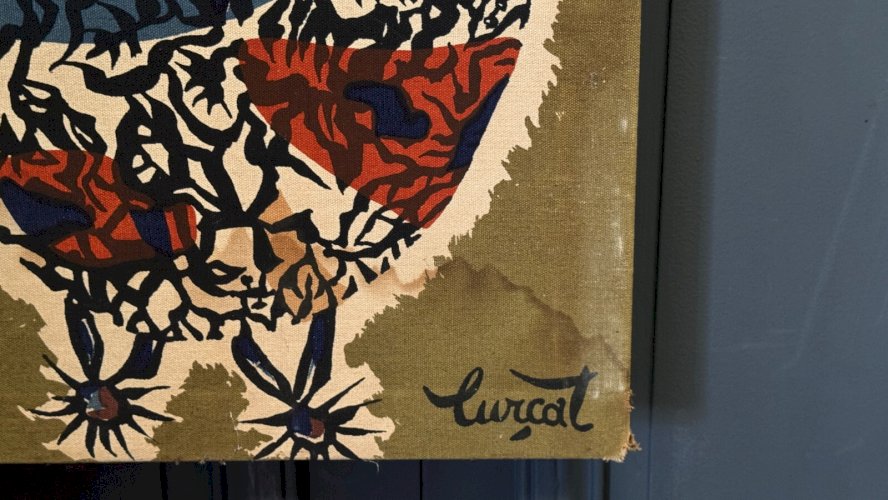 Panneau de tapisserie sur coton par Lurçat 1960 décor d'aquarium L9248