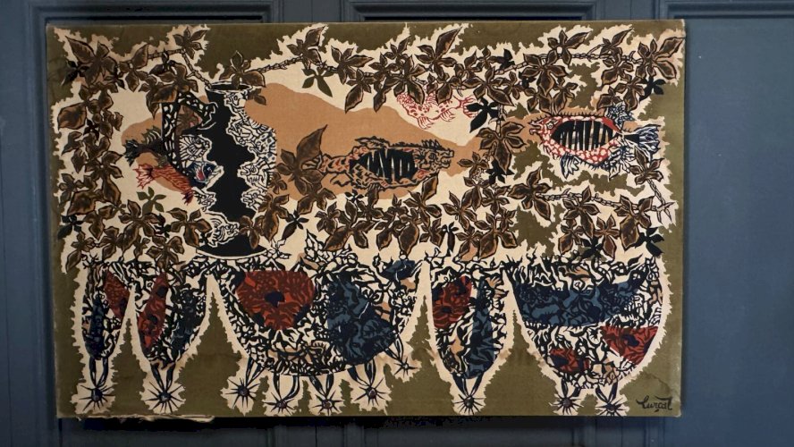 Panneau de tapisserie sur coton par Lurçat 1960 décor d'aquarium L9248
