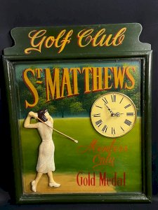 Decorative English sign panel for golfer with integrated clock Golf