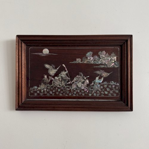 Panneau en bois de fer décor incrusté de nacre Indochine Vietnam M3929