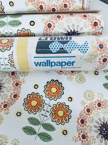 Papier peint Vintage 70s Crown Made in England - Fleurs Oranges