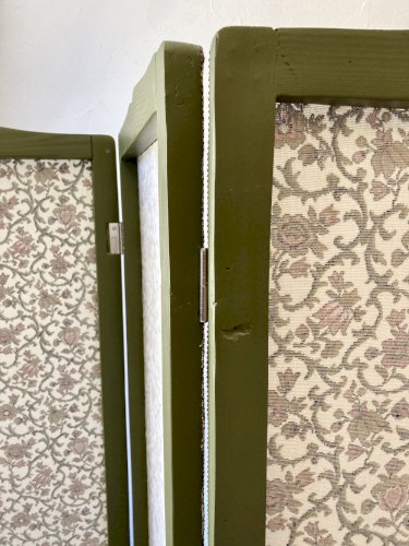 Paravent ancien 4 feuilles en pin – Entièrement restauré – Tissu "Grand Teint meubles"