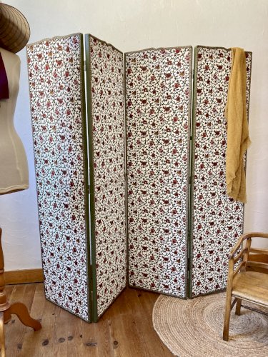Paravent ancien 4 feuilles en pin – Entièrement restauré – Tissu "Grand Teint meubles"