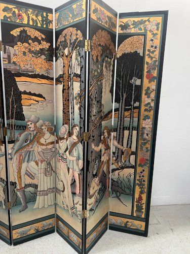 Paravent de style a six panneaux peint XX siècle