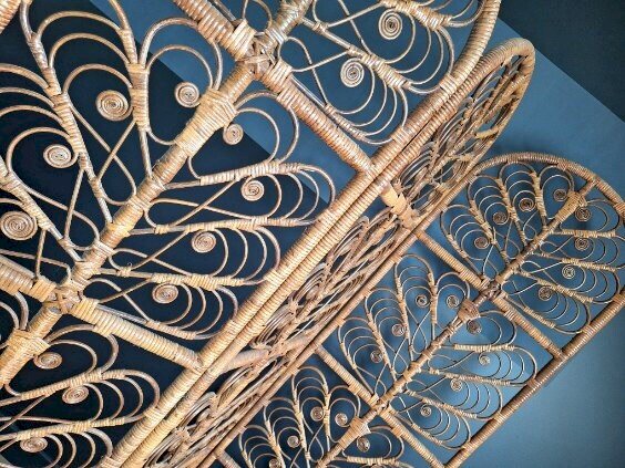 Paravent peacock vintage et sièges coquille rotin