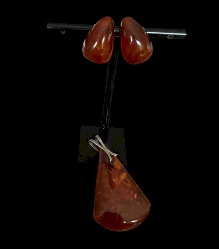 Parure ambre boucles d’oreilles et pendentif sur argent Vintage ancien